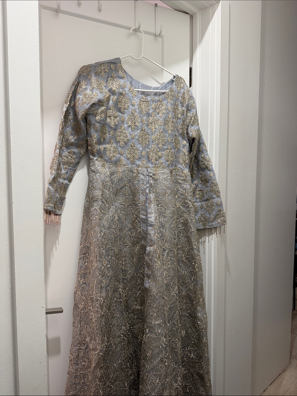 Silver-Gray Embroidered maxi Dress - 3 PIECE SUIT